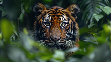 Fototapeta premium Intense Gaze of a Tiger in the Jungle - Close-up shot of a tiger's piercing eyes, surrounded by lush green foliage, capturing the raw beauty and intensity of the wild.