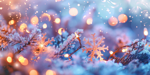 A magical winter Christmas background with fragile fresh snowflakes and a magical glow creates a feeling of a holiday and New Year's miracle.Wallpaper, сard, invitation, congratulations, banner, flyer