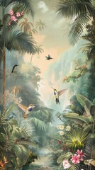 Lush Jungle Fantasy with Hummingbirds and Raccoons. Enchanted Rainforest Flourishing Under Misty Mountain Peaks.