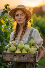 Beautiful young farmer woman holding a wooden box full of green pear fruits standing in the field with sunset. Concept of healthy lifestyle, local farming and beauty.