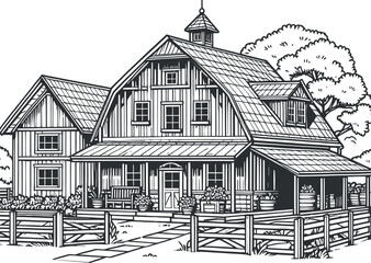 farmhouse line art vector silhouette for coloring book on a white background, farmhouse illustration line art for coloring page