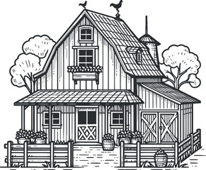 farmhouse line art vector silhouette for coloring book on a white background, farmhouse illustration line art for coloring page