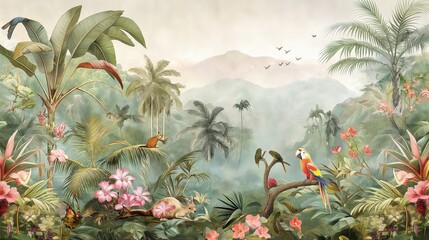 Enchanted Rainforest Landscape with Vibrant Jungle Life