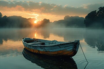 Fototapeta premium A tranquil lake at dawn with mist rising from the water, a small rowboat, and the sun starting to break through the clouds