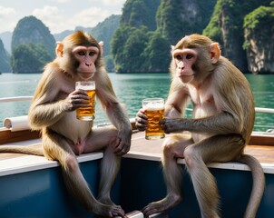 monkeys drinking beer by the water 