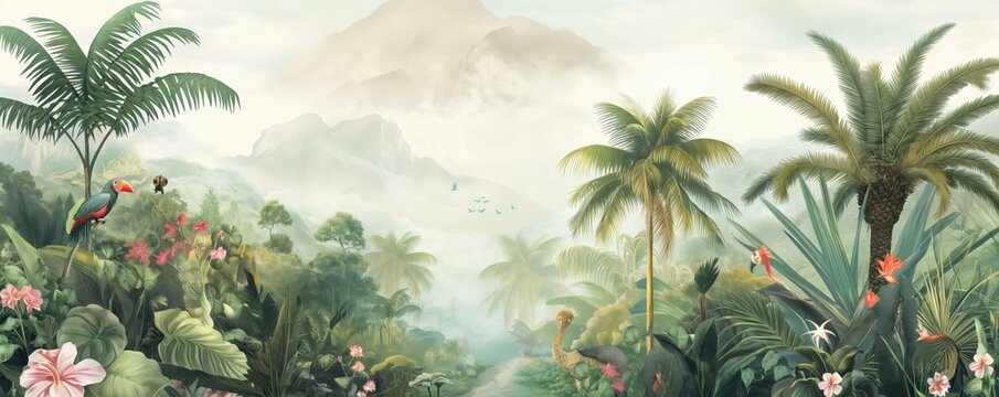 Vintage wallpaper of a lush jungle with elegant parrots, curious alpacas, and majestic palm trees in soft pastel shades, showcasing an enchanting rainforest with exotic flowers and distant peaks. 