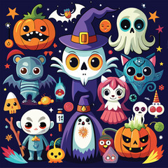 Friendly and scary ghosts floating with whimsical and eerie expressions.