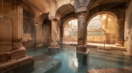 Fototapeta premium Ancient Roman Bathhouse with Pool - Historic Roman bathhouse featuring arched architecture and a serene pool, showcasing timeless beauty and ancient craftsmanship.