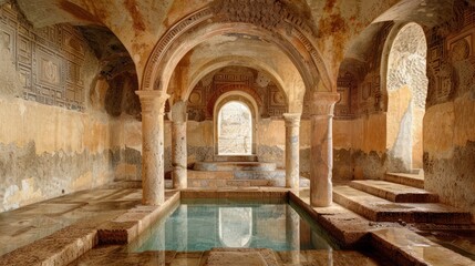 Obraz premium Ancient Roman Bathhouse with Pool - Historic Roman bathhouse featuring arched architecture and a serene pool, showcasing timeless beauty and ancient craftsmanship.