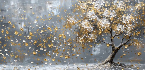 3d Oil painting of a silver and gold textured tree 