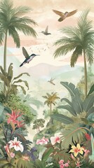 Vintage wallpaper of a lush jungle with vibrant hummingbirds, playful wombats, and majestic palm trees in pastel hues, highlighting an enchanting rainforest with exotic flowers and rolling hills. 