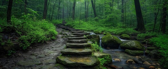 rock steps in rainforest, tranquil green nature trail in deep forest with misty fog and sunlight, summer background wallpaper