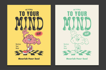 retro 70s poster with brain cartoon character, vector illustration
