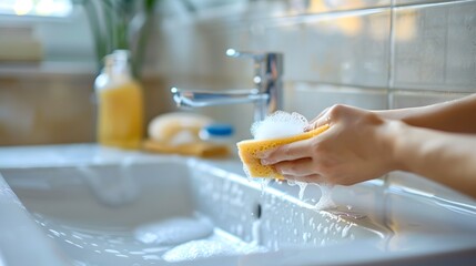 Cleaning the Bathroom Sink: Hands scrubbing the bathroom sink with a sponge and cleaner, making it sparkle.
