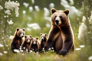 Obraz premium he-bear and bear cubs in the summer forest on the bog among white flowers. Natural Habitat. Brown bear, scientific name Ursus arctos. Summer season