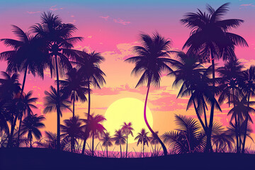 Fototapeta premium A tropical scene with palm trees and a sunset in the background, generative ai image.