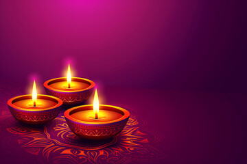 Illuminated Oil Lamps Decorated Diya and Mandala Pattern Background for Happy Diwali Celebration