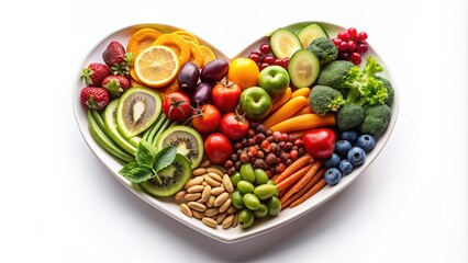 Fresh vegetables, fruits, and nuts arrange on a heart-shaped ceramic plate against a clean white background, promoting healthy eating and wellness.