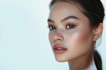 Fototapeta premium close up face portrait of young pretty tan skin Asian woman with bright flawless skin, beauty cosmetic or skincare fashion portrait with copy space