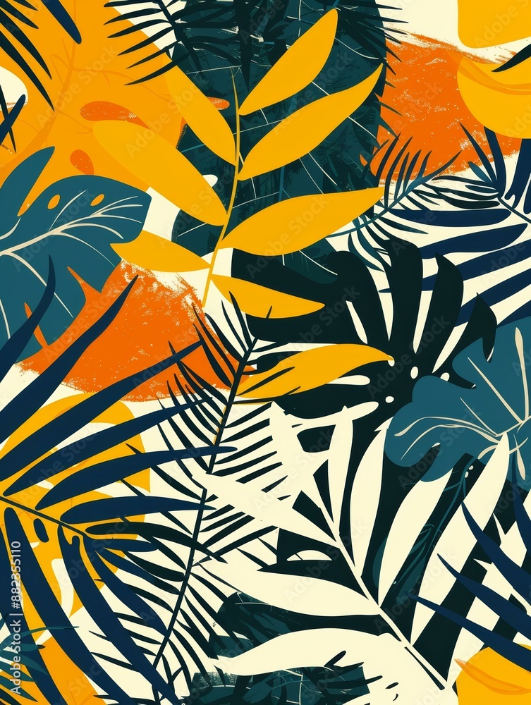 Poster A seamless pattern of stylized tropical leaves in yellow, orange, and blue hues