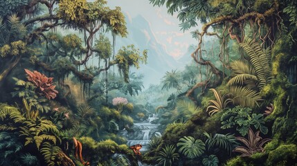 Vintage wallpaper of a rainforest canopy with colorful tree frogs, dense moss and river valleys in pastel hues. mural art style. 