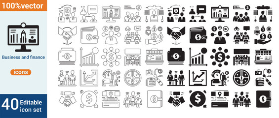 Flat icon collection for banking and business. Among the icons are those for meetings, banks, money, partnerships, payments, business teams, wallets, profit, companies, management, and planning. Colle