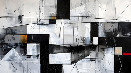 A contemporary abstract painting featuring black and white geometric lines and shapes with subtle textures.