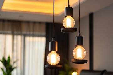 Obraz premium A close-up shot of three black ceiling lights hanging elegantly in a modern living room, illuminating the space with warm, glowing bulbs