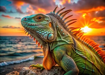 Fototapeta premium Vibrant orange and green iguana scales and spines contrast against a warm sunset ocean backdrop, showcasing intricate reptilian textures and oceanic serenity in stunning detail.