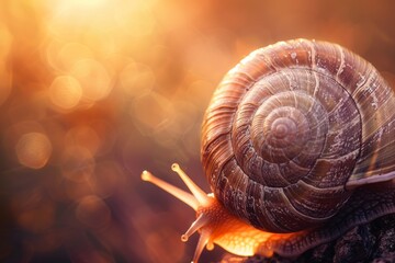 A snail's shell is illuminated by the golden light of the setting sun, showcasing its intricate details and texture