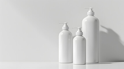 Minimalist White Plastic Pump Bottles on Reflective Surface - Indoor Hygiene Product Photography