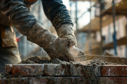 A close-up view of a construction worker's hands expertly spreading mortar while bricklaying, focusing on the precision of the task
