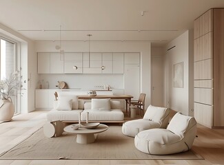 Scandinavian interior design of a modern living room and kitchen in white and beige colors with wooden floors