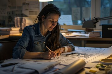 A female architect sits at her desk, illuminated by a desk lamp, intently reviewing and working on a large architectural blueprint spread across the table