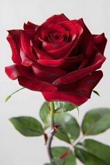 Close-up of a single red rose with detailed petals, green stem, and leaves against a light gray background. Elegant Red Rose Close-Up: Detailed View of a Blooming Flower with Green Leaves and Stem