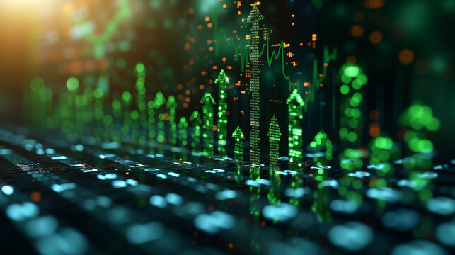 Digital financial chart with glowing green arrows rising, representing stock market growth and economic success. Concept of investment, technology, and data analysis in finance.