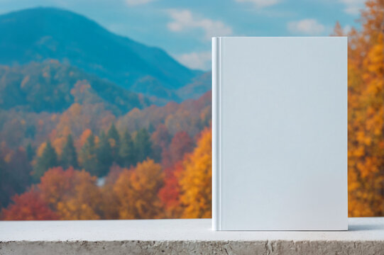 Blank white book cover mockup standing on blue wooden surface against golden, yellow autumn, fall, mountains background, landscape, outdoors. Front view of magazine template with copy space