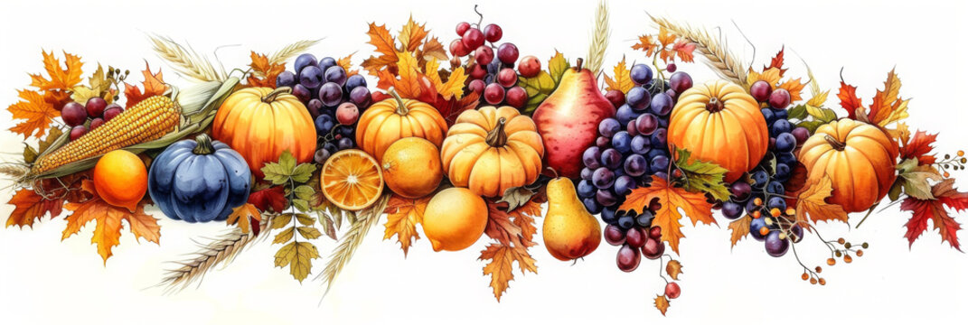 autumn harvest watercolor pumpkins grapes corn leaves clip art preview
