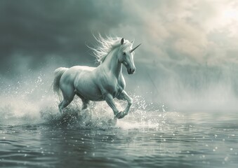Fototapeta premium Majestic Unicorn Galloping Through Water - A breathtaking image of a unicorn galloping through water, capturing its majestic beauty and magical essence in atmospheric light.