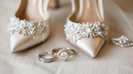 A collection of wedding essentials, including shoes, jewelry, and rings, displayed together.

