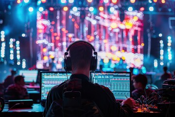 Fototapeta premium A sound engineer works behind the scenes at a concert, mixing audio for a live performance. The stage is brightly lit with colorful lights.