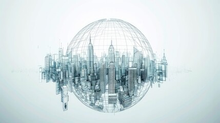 A wire-frame vector rendering of a 3D city sphere.

