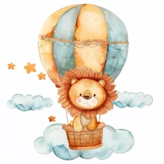 Cute watercolor cartoon lion flying on a hot air balloon, clipart illustration with isolated white background.