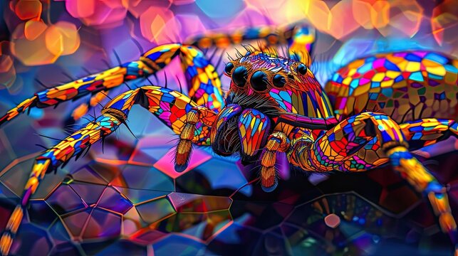 A colorful spider with a black head and red legs