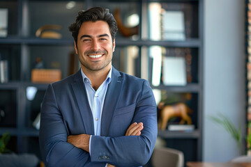 Fototapeta premium A man in a suit and tie is smiling and posing for a picture, generative ai image.