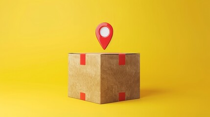 Obraz premium Cardboard box with red location pin on a yellow background, concept of locating a package or delivery