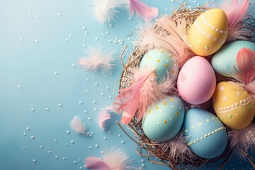 A close-up shot of a nest filled with colorful Easter eggs decorated with feathers