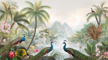Enchanted Tropical Paradise with Vibrant Peacocks and Playful Wildlife - a Lush Rainforest Tapestry in Pastel Hues.
