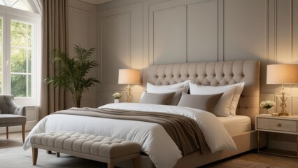 A chic bedroom with a luxurious upholstered bed, stylish nightstands, and elegant bedside lamps. Soft bedding and tasteful decor complete the sophisticated look.