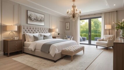 Fototapeta premium A chic bedroom with a luxurious upholstered bed, stylish nightstands, and elegant bedside lamps. Soft bedding and tasteful decor complete the sophisticated look.